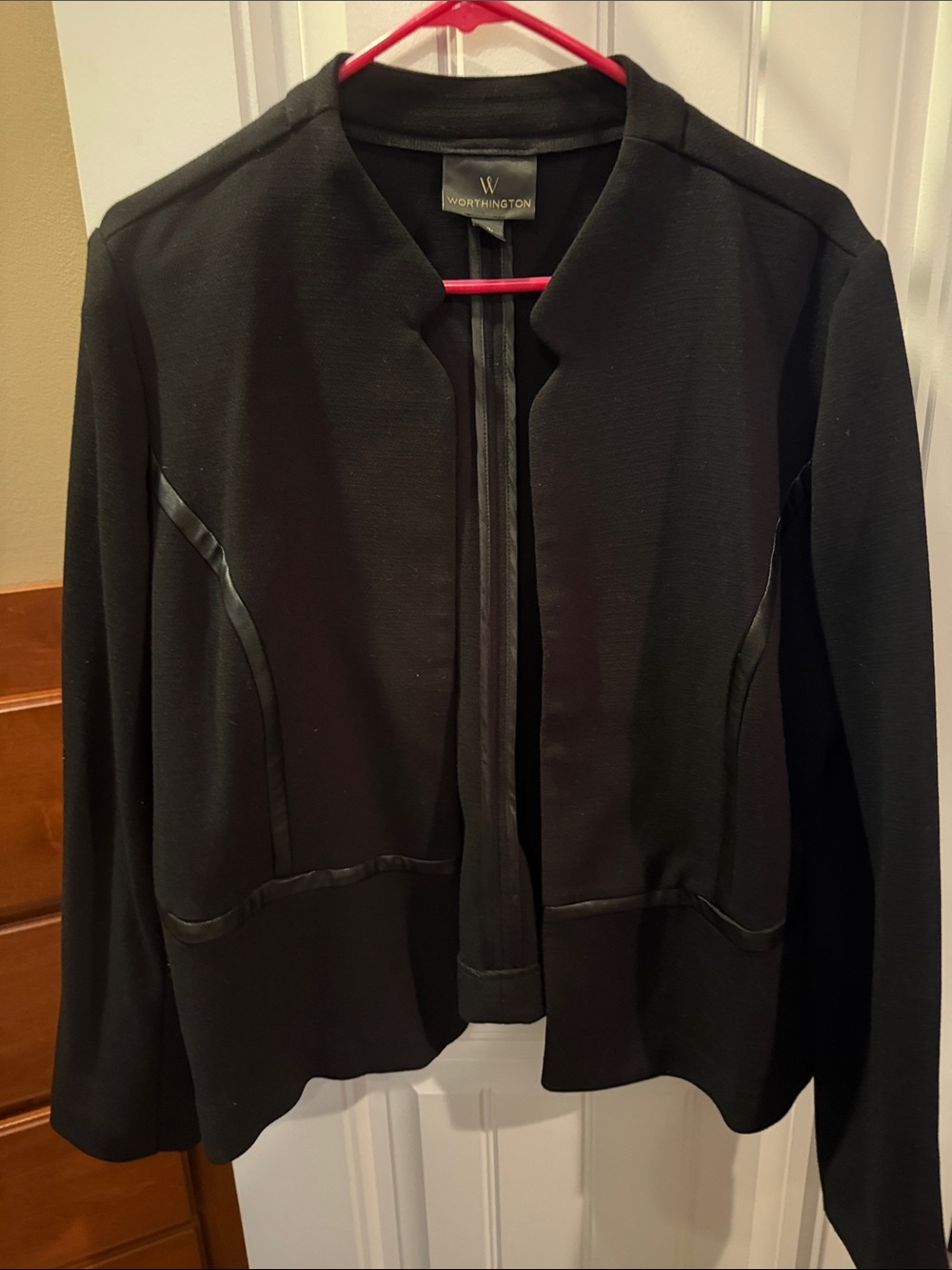 Worthington Black Lightweight Open-Front Jacket with Faux-Leather Trim